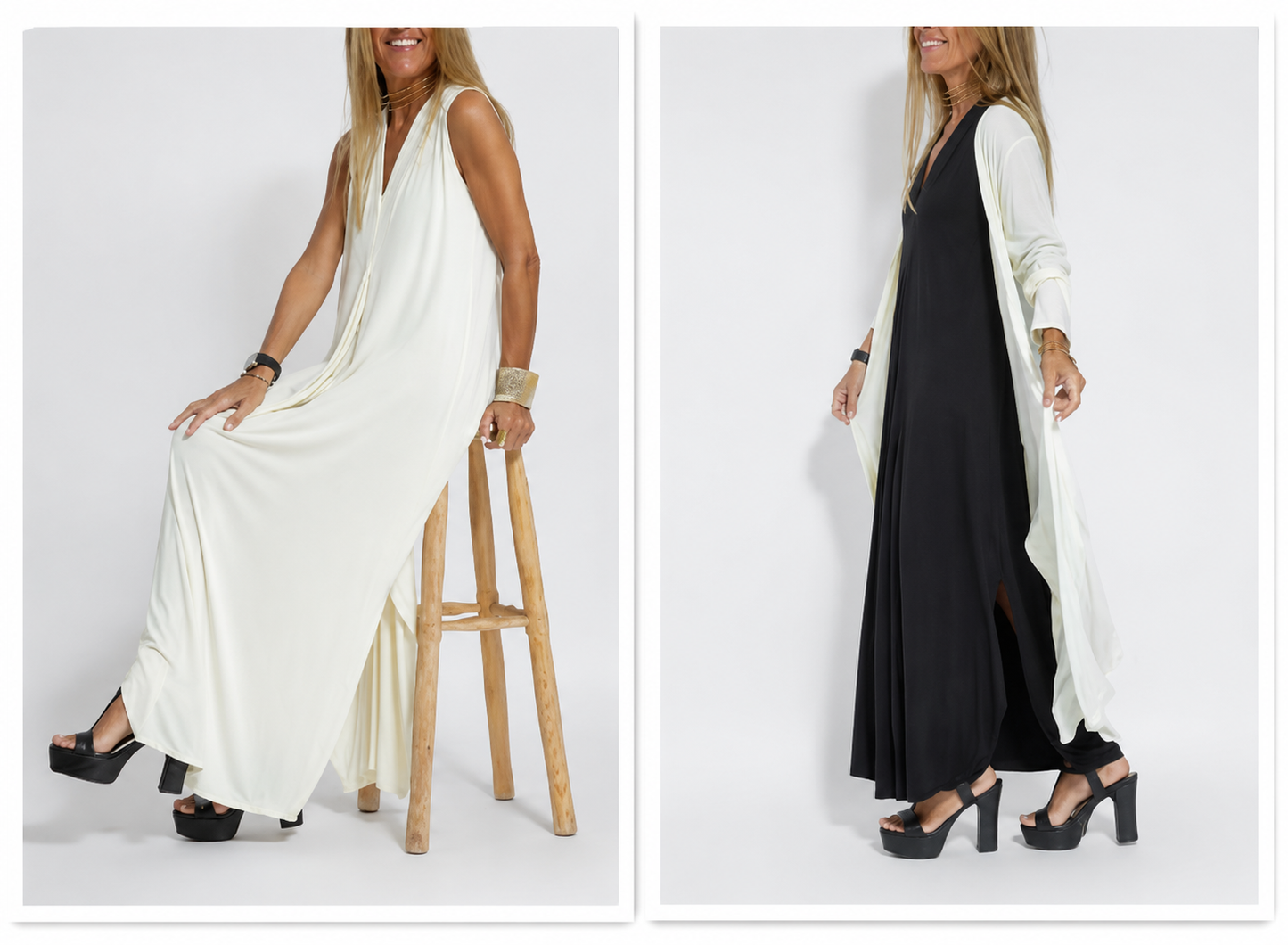 robe sans manches à col en V et gilet long uni