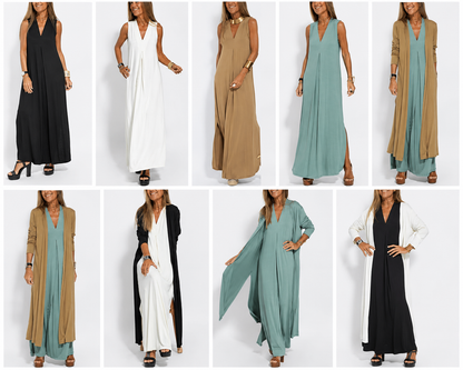 robe sans manches à col en V et gilet long uni