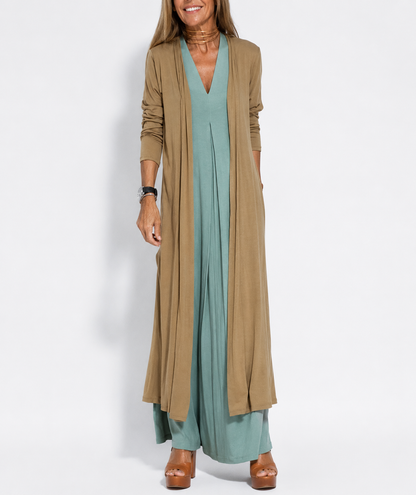 robe sans manches à col en V et gilet long uni