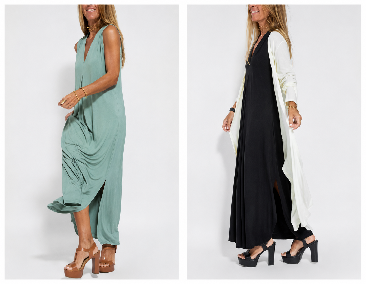 robe sans manches à col en V et gilet long uni