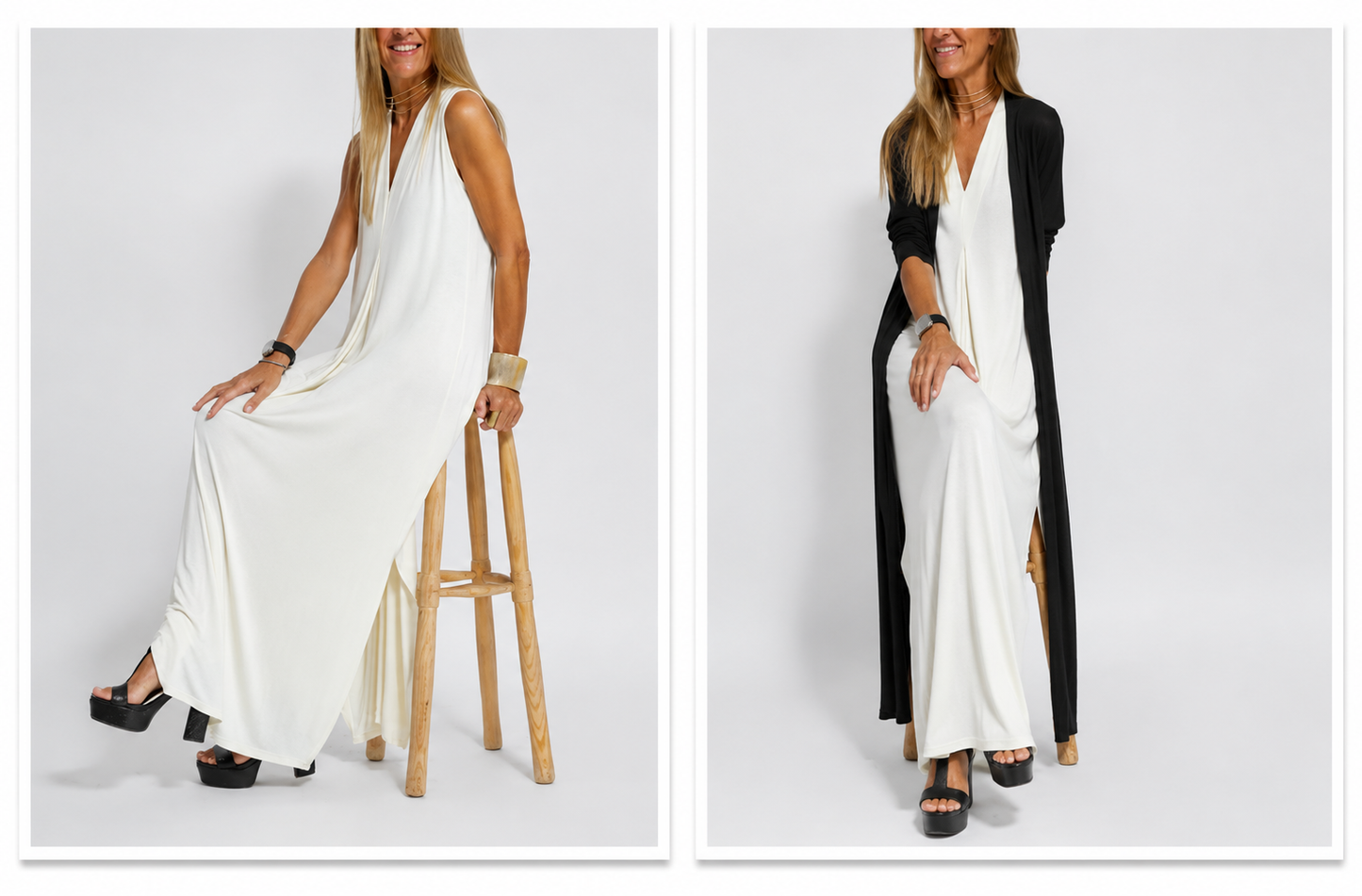 robe sans manches à col en V et gilet long uni