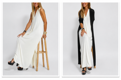 robe sans manches à col en V et gilet long uni