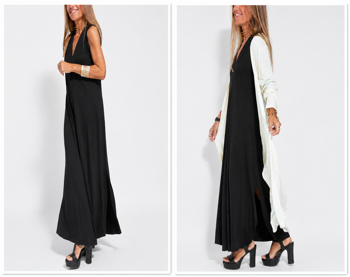 robe sans manches à col en V et gilet long uni