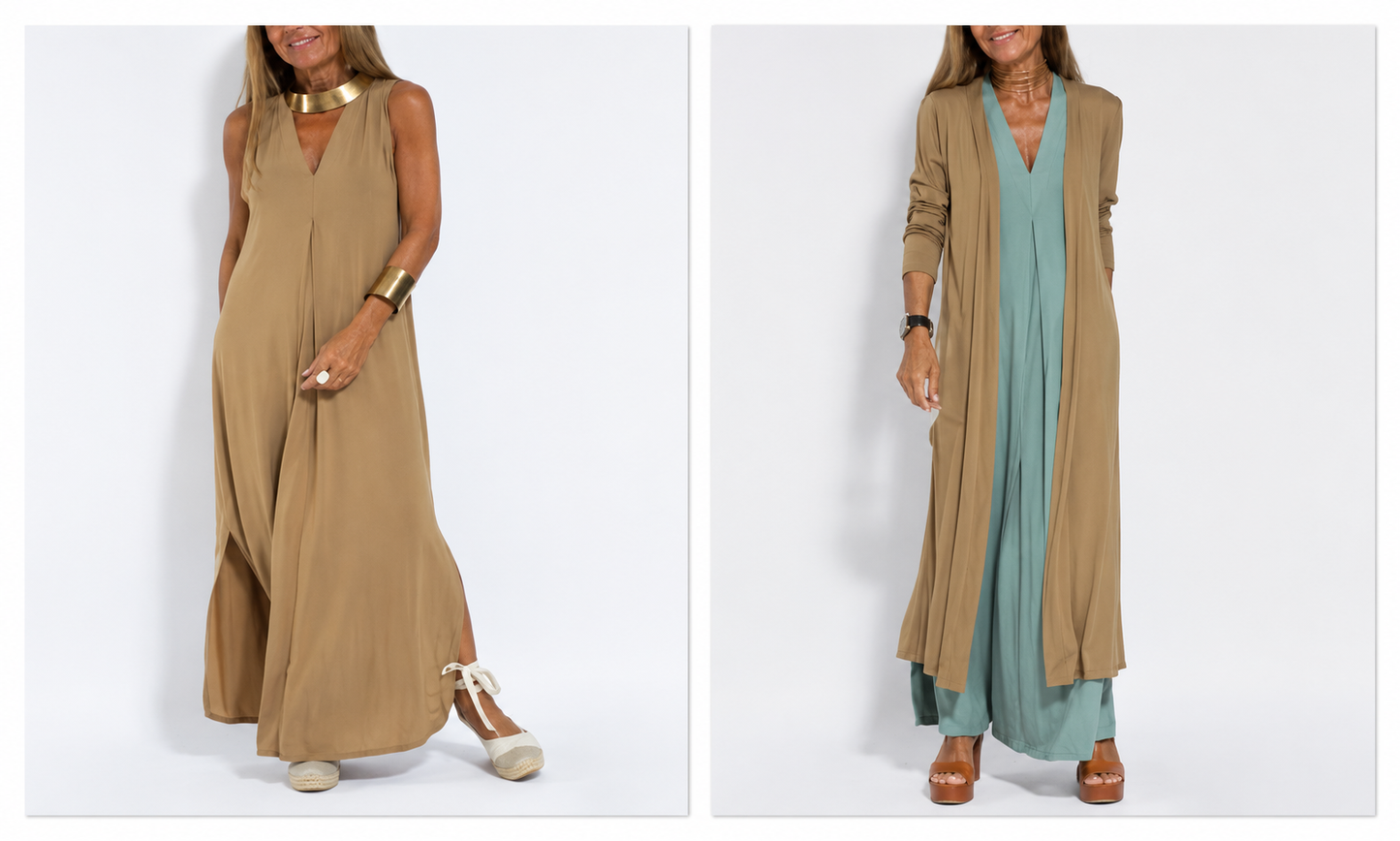 robe sans manches à col en V et gilet long uni