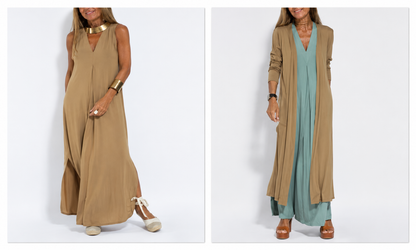 robe sans manches à col en V et gilet long uni