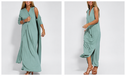 robe sans manches à col en V et gilet long uni