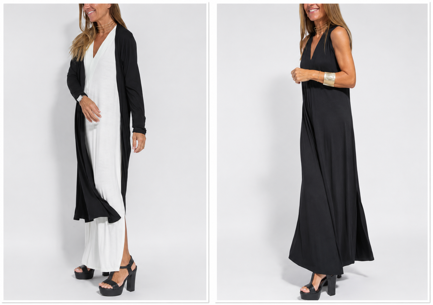 robe sans manches à col en V et gilet long uni
