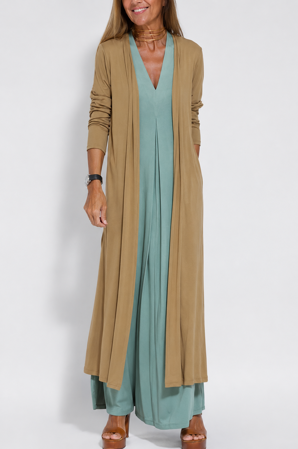 robe sans manches à col en V et gilet long uni