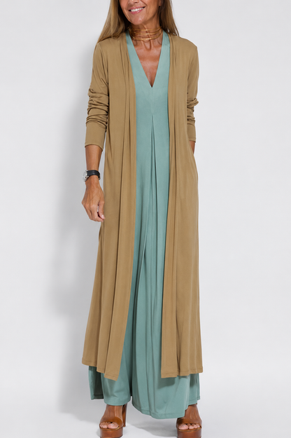 robe sans manches à col en V et gilet long uni